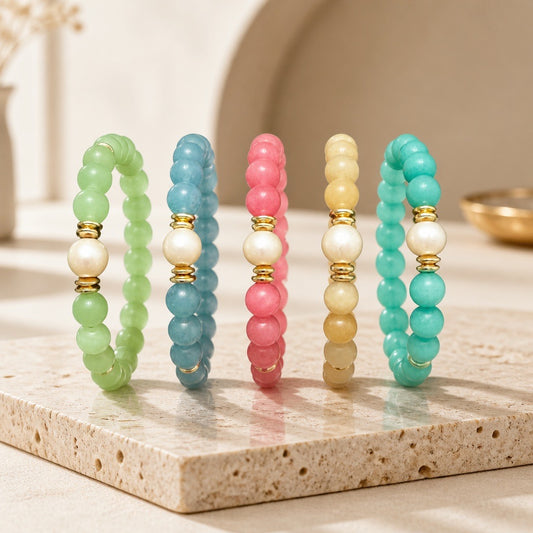 Bracelet | Freshwater Pearl |Blue Jade Gemstones | 18K Gold-plated Saucer beads | Stretch