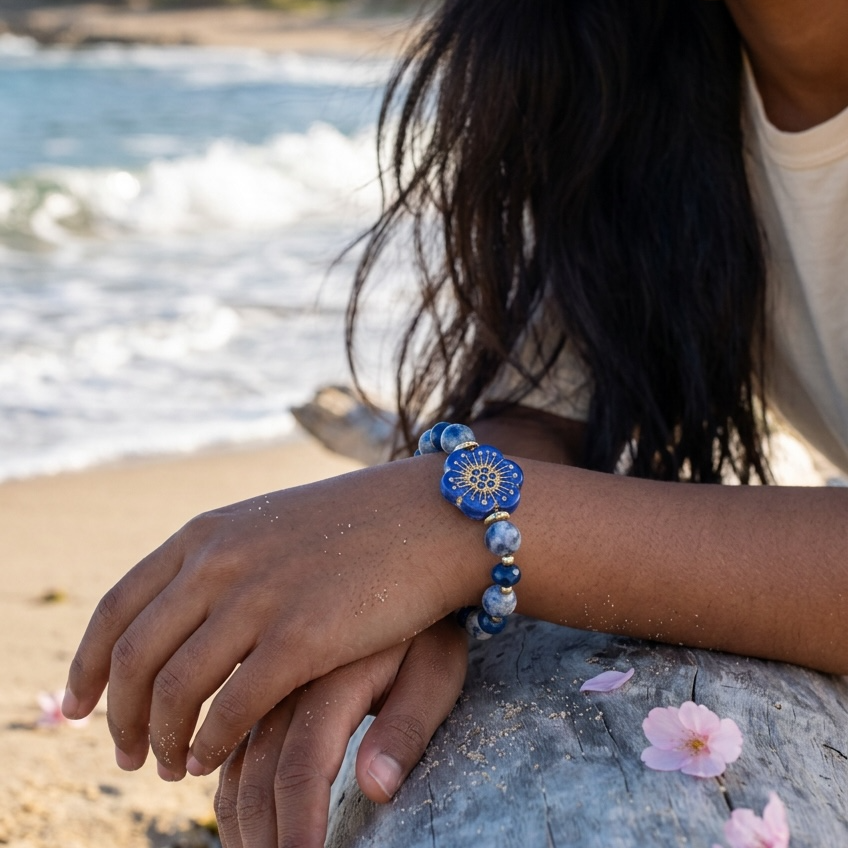 Bracelet | Sodalite | Czech Cobalt Blue Glass Flower | Golf-filled Round Beads | Stretch