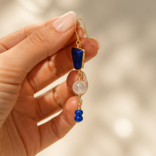 Earrings | 3 Tiered | Lapis | Moonstone | Cobalt Blue Glass| 18K Gold-Plated | 2”