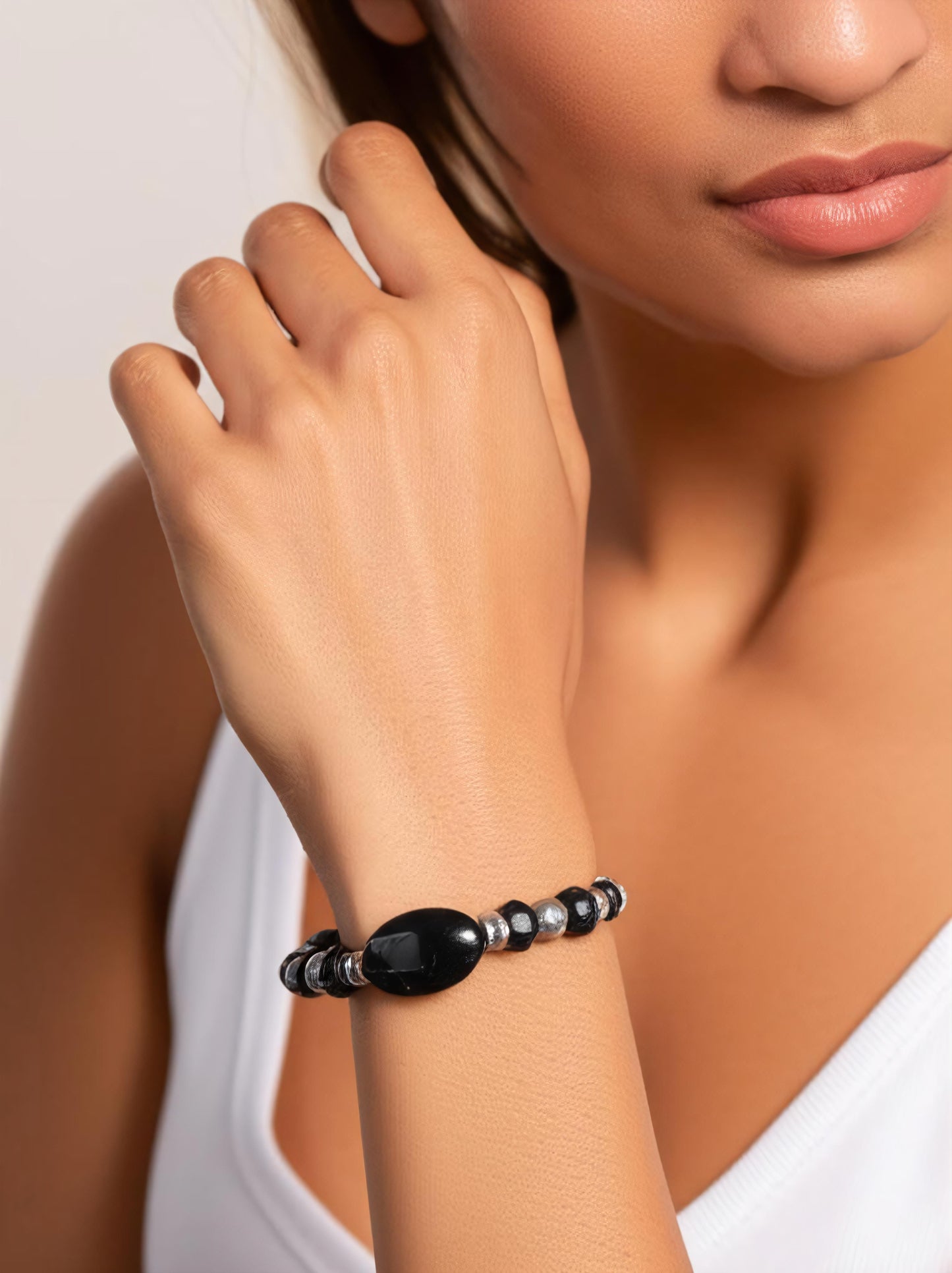 Onyx and Gray Gemstone Bracelet 7"