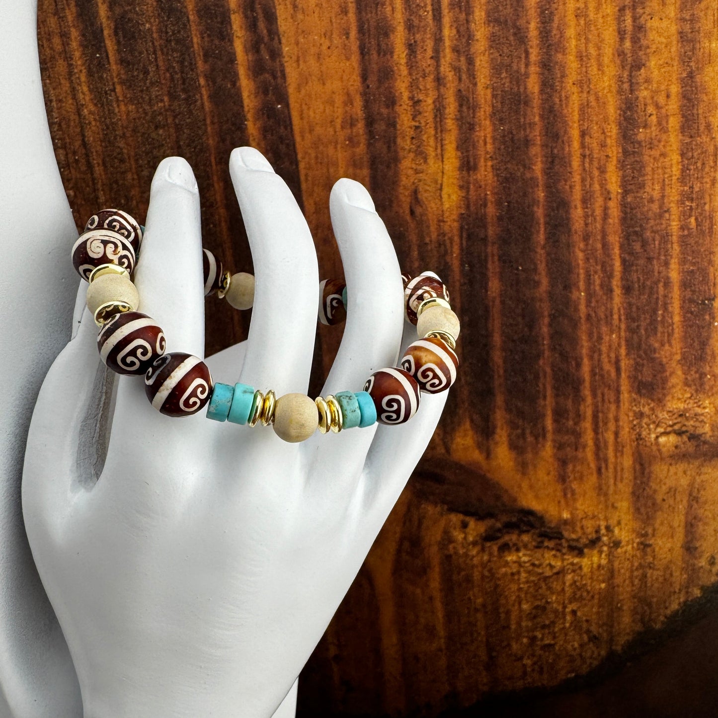 Handpainted Brown Gemstone with Turquoise Magnesite, Off-White, and Gold Beads 7.75"