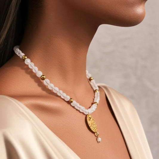 Moonstone and Bronze Pearl Necklace with Brass Pendant 17"