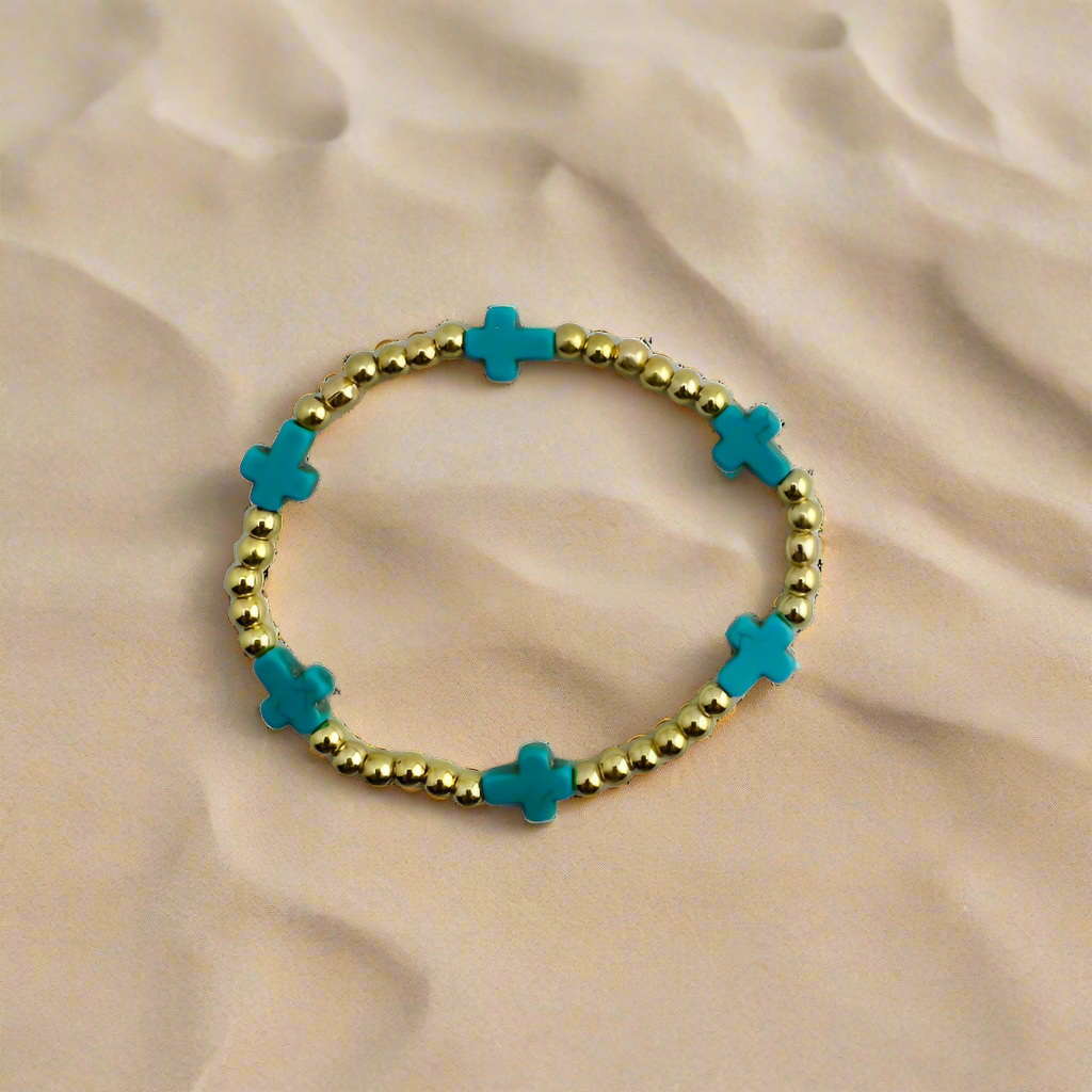 Dainty Gold Beads with Turquoise Magnetite Crosses 7.5"