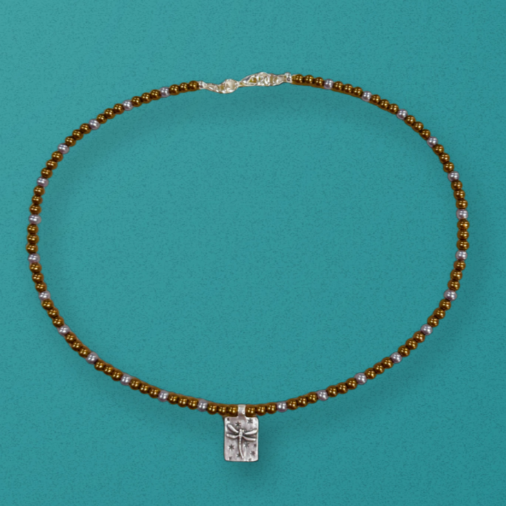 Minimalist Bronze & Gray Pearl Necklace with Dragonfly Charm 17"