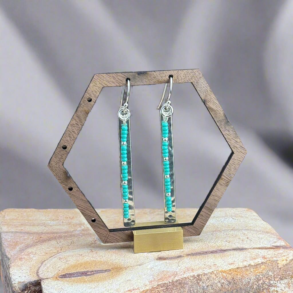 Silver Plated Bar Earrings with Turquoise Seed Beads 3"
