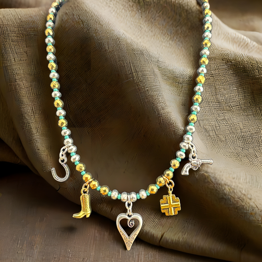 Southwest Charm Necklace with Antique Silver & Gold Beads 19"