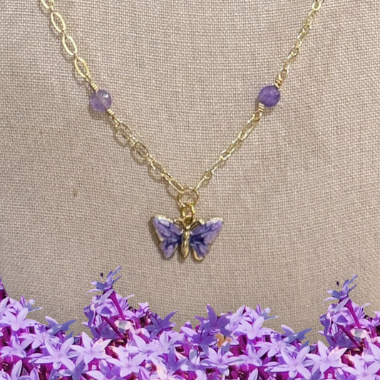 Gold Metal Chain with Purple Butterfly Enamel Charm | 16” with 2” Extension