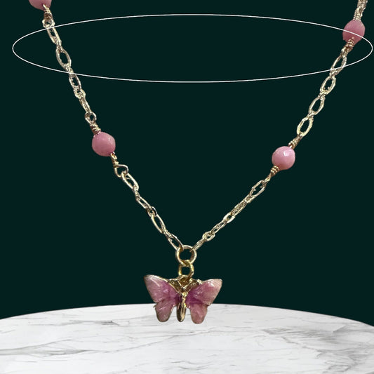 Gold Metal Chain with Pink Butterfly Enamel Charm | 16” with 2” Extension