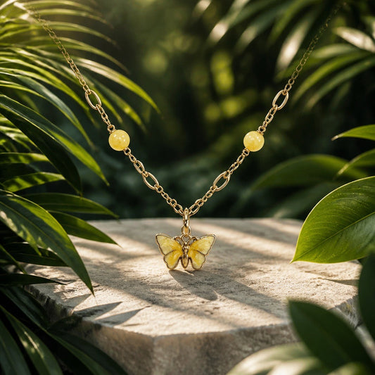 Gold Metal Chain with Yellow Butterfly Enamel Charm | 16” with 2” Extension