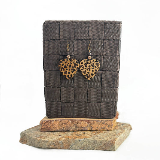 Earrings | Hearts | Zentangled Cheetah Design | Wood burned | Black Onyx Gemstones | Copper-plated Lavastones | 3"