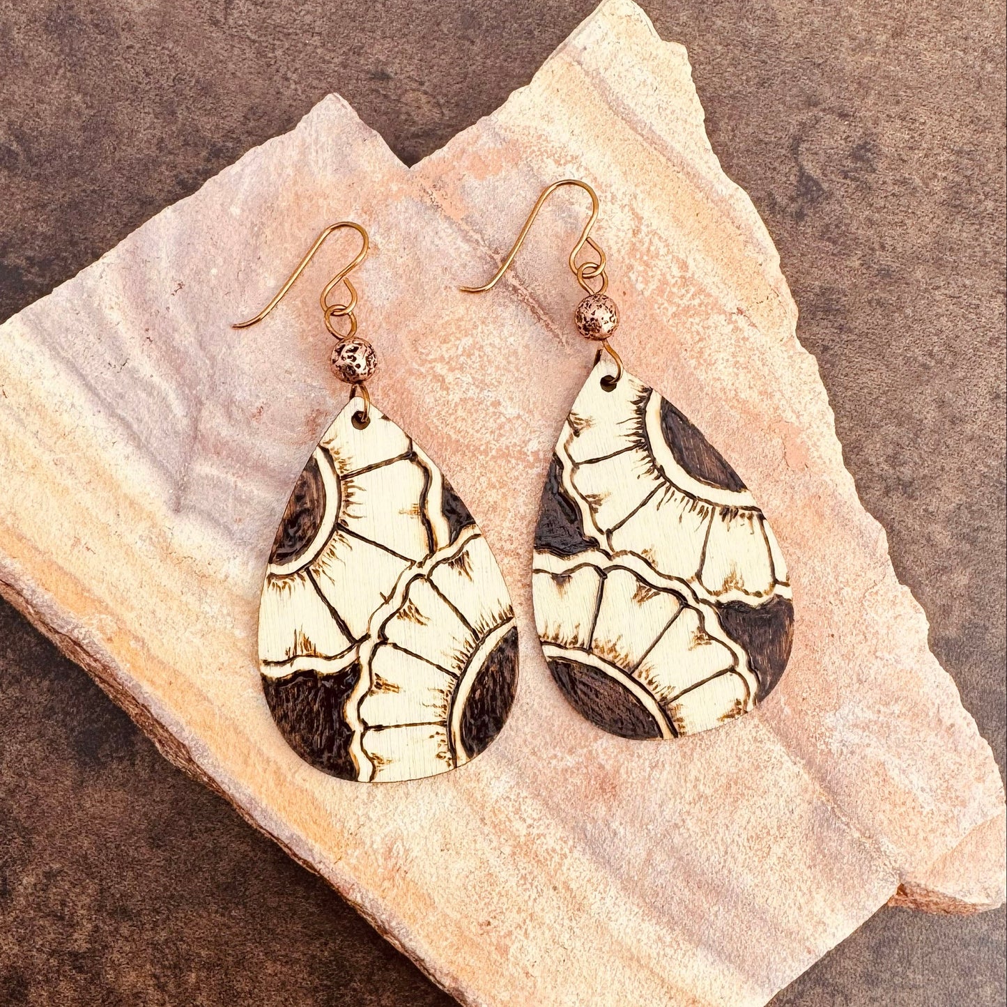 Earrings | Teardrop | Zentangled Sunflowers | Woodburned |Copper-plated Lavastones | 3"