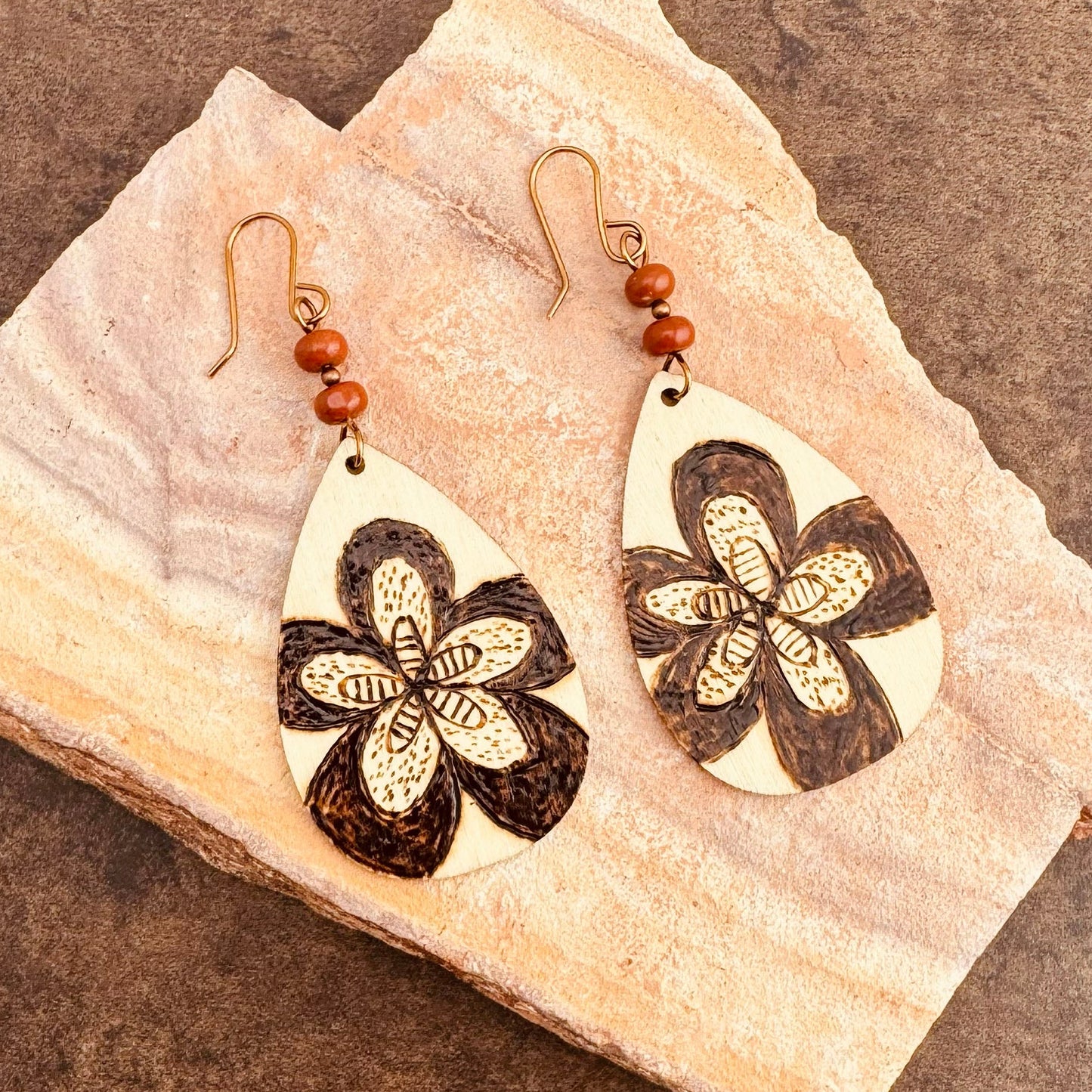 Earrings | Teardrops | Zentangled Flower | Woodburned | Red Sponge Coral | 3"