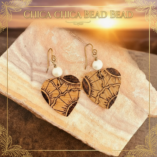 Earrings | Hearts | Zentangled Sunflower Design | Wood burned | Freshwater Pearls | 3"