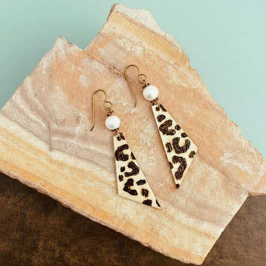 Earrings | Triangles | Zentangled Cheetah Design | Wood-burned | Freshwater Pearls | 2.75"