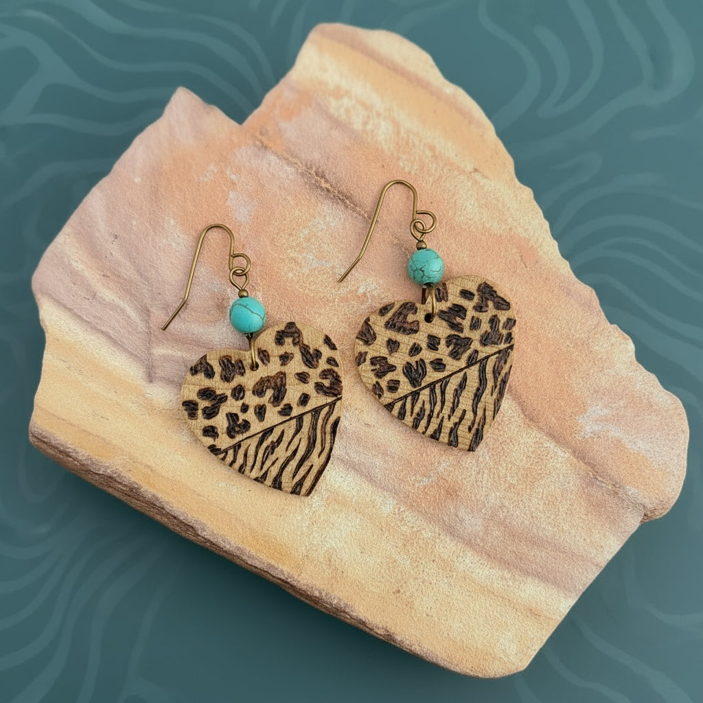 Earrings | Hearts | Zentangled Mixed Animal | Wood-burned | Magnetite Turquoise | 2.5"