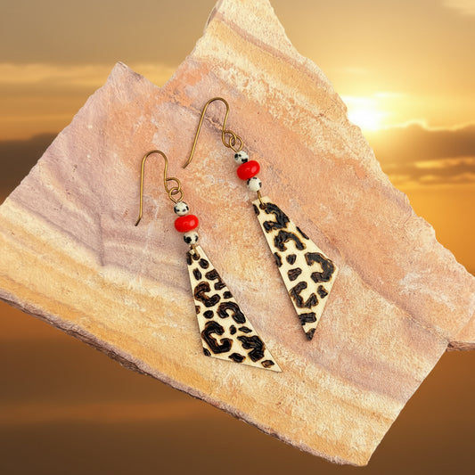 Earrings | Hearts | Zentangled Cheetah Design | Wood-burned | Dalmation Gemstones | Red Faceted Glass Beads | 3"