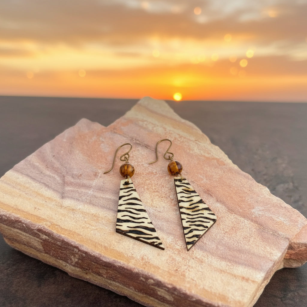 Earrings | Triangles |Zentangled Zebra Design | Wood-burned | Gemstones | 3"