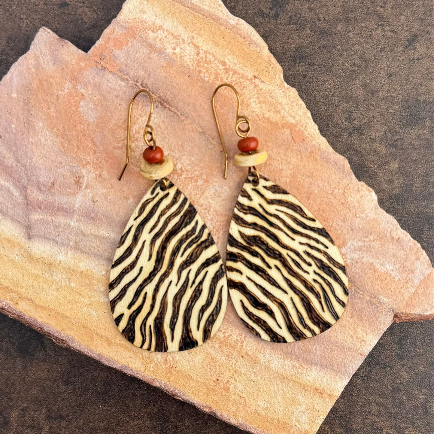 Earrings | Teardrop |Zentangled Zebra Design | Wood-burned | Red Sponge Coral | Off-white Wooden Discs | 3"