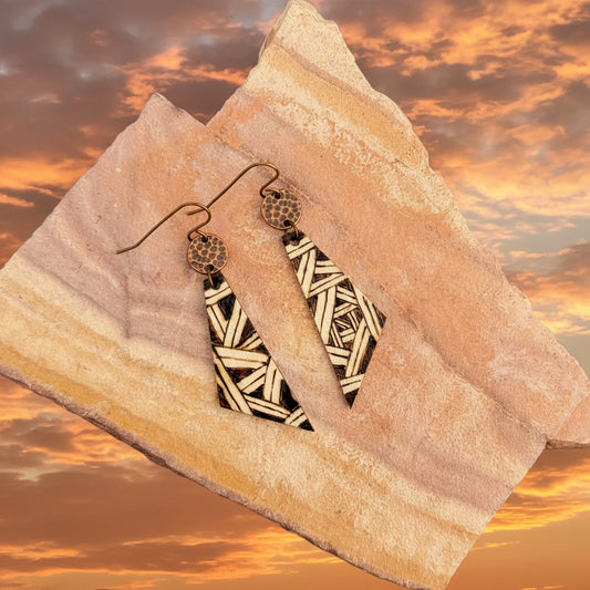 Earrings | Triangle |Zentangled Abstract Design | Wood-burned |Hammered Copper Circle | 3"