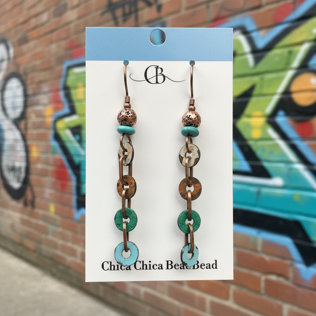 Earrings | Colorful Washers | Copper-plated Lavastone | Magnesite Turquoise Spacers | 2.75"