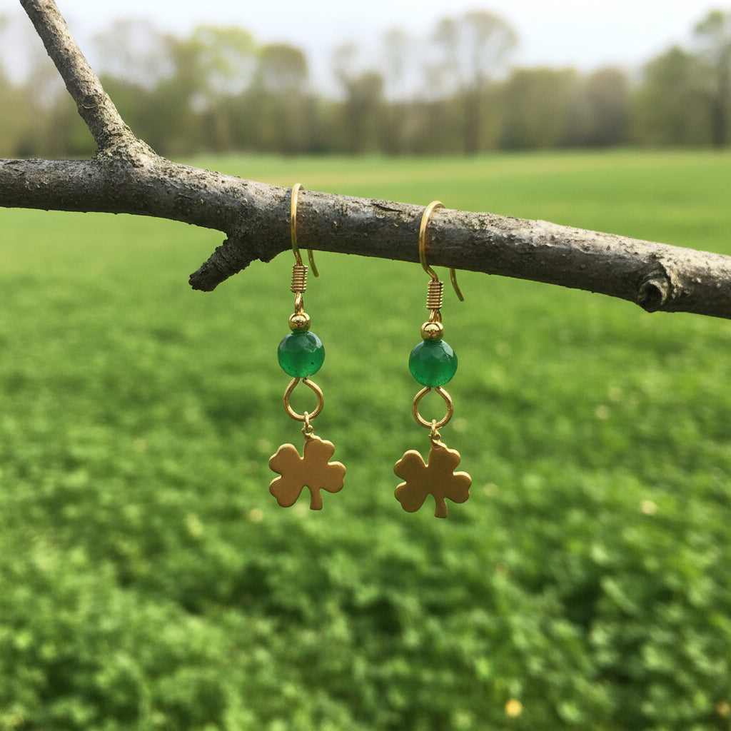 Earrings | 18K GF Matt Gold Clover Charms | Green Jade Gemstones | All ages | 1 1/2"