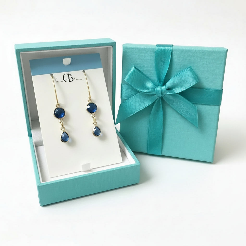 Earrings | Blue Dyed Saphhire Rounds | Blue Dyed Saphhire Teardrops | 18K GF Earwires | 2"