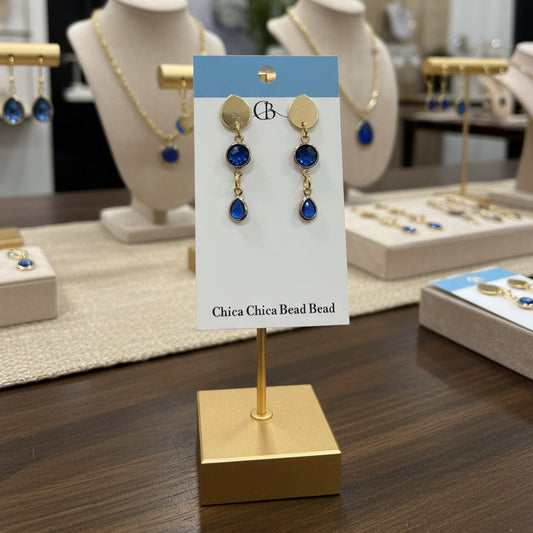 Earrings | Blue Dyed Saphhire Rounds | Blue Dyed Saphhire Teardrops | 18K GP Posts | 1.5"