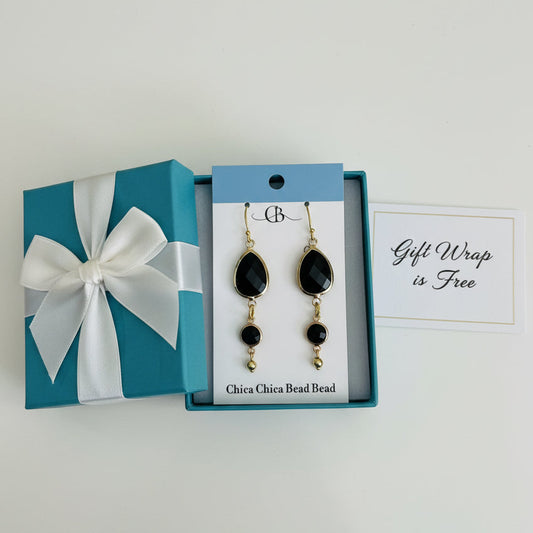 Earrings | Black Teardrops | Black Round Crystals | 18K GF Findings | 2.24"