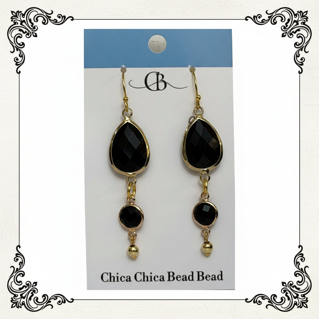 Earrings | Black Teardrops | Black Round Crystals | 18K GF Findings | 2.24"