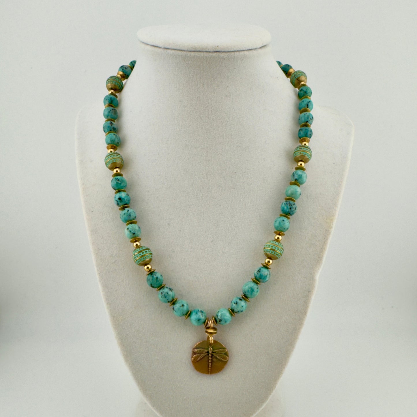 Turquoise Magnesite Necklace with Dragon Fly Patina Charm 18"