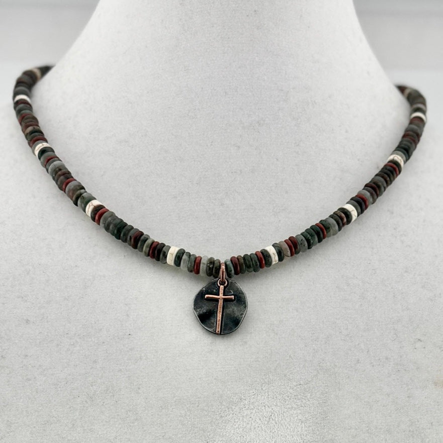 Heishi Necklace with Rustic Cross 18"