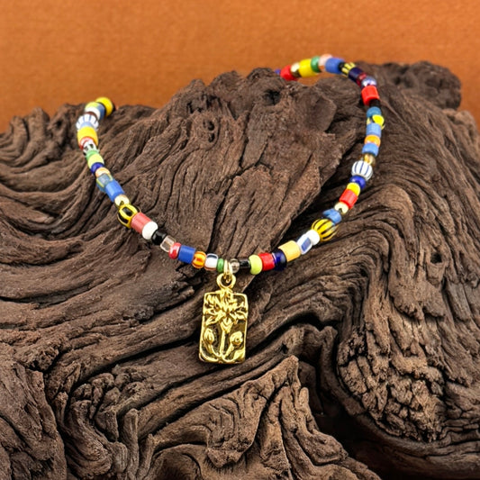 Indian Beaded Necklace with Lotus Flower Charm 16"