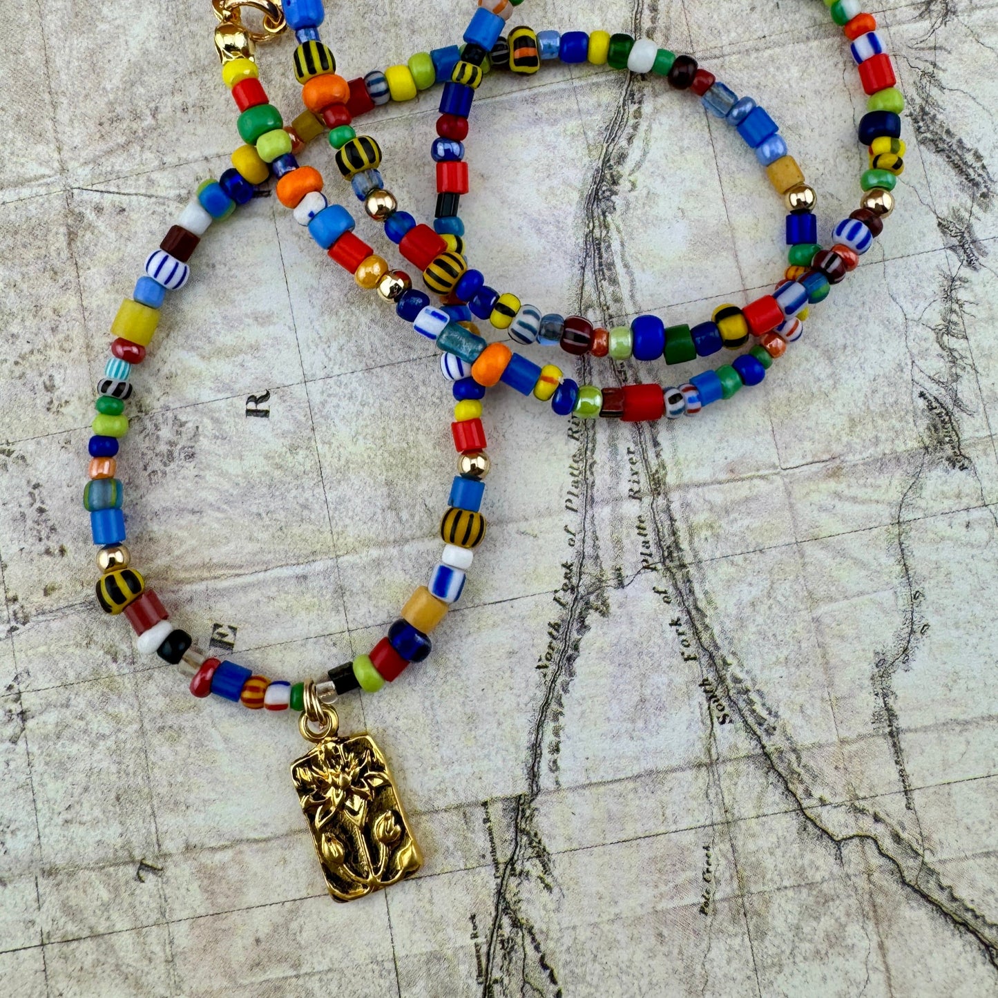 Indian Beaded Necklace with Lotus Flower Charm 16"