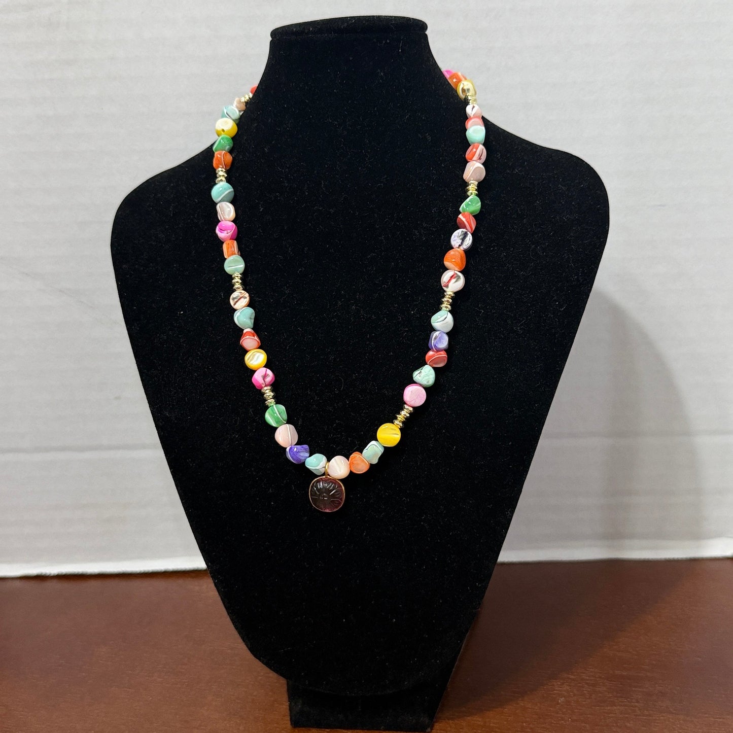 Necklace | Multi-colored Mother of Pearl Beads | Carved Pinke Tourmaline Pendant | 18K Gold-plated Bezel | 16"