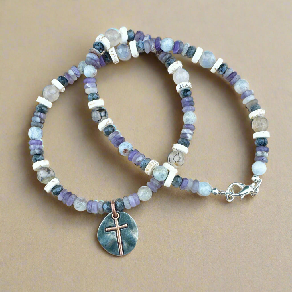 Bone and Amethyst Heishi Beaded Necklace with Rustic Cross