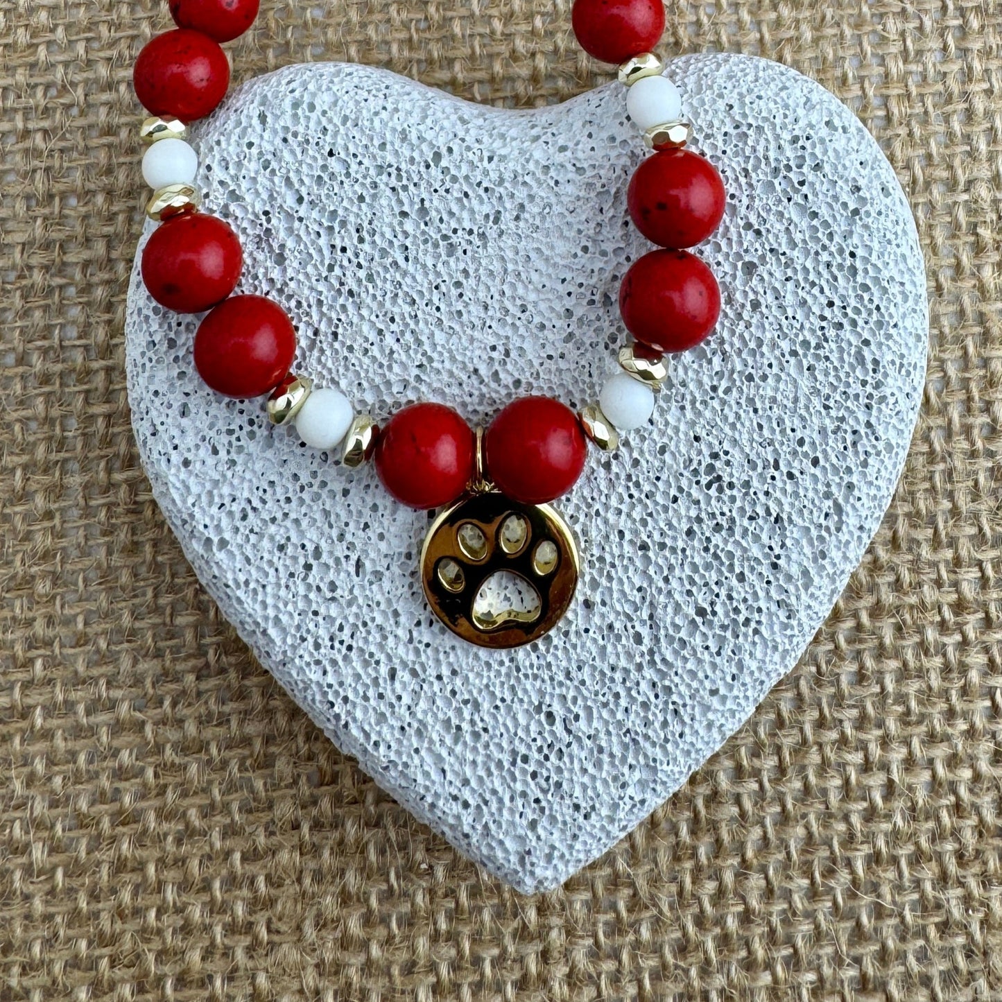 Red & White Paw Print Necklace 20"