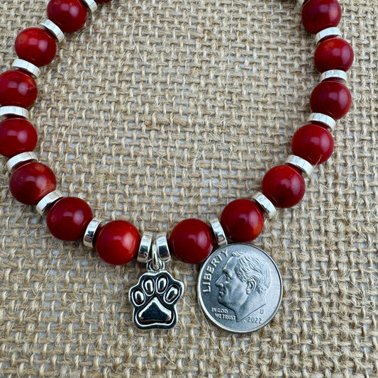 Red & Silver Paw Print Necklace in a Silver Metal 19"