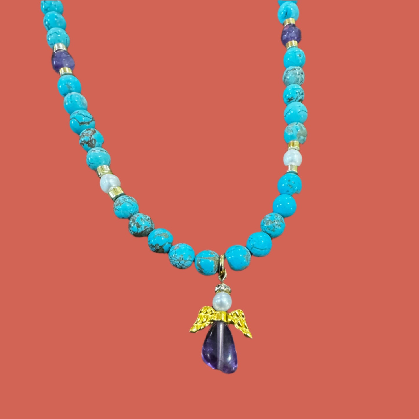 Turquoise, Amethyst, & Pearl Angel Necklace 16" and 18