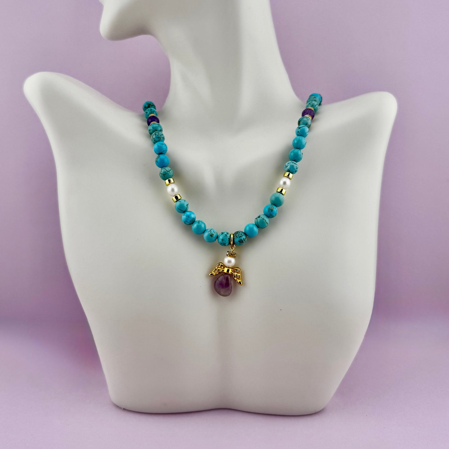 Turquoise, Amethyst, & Pearl Angel Necklace 16" and 18