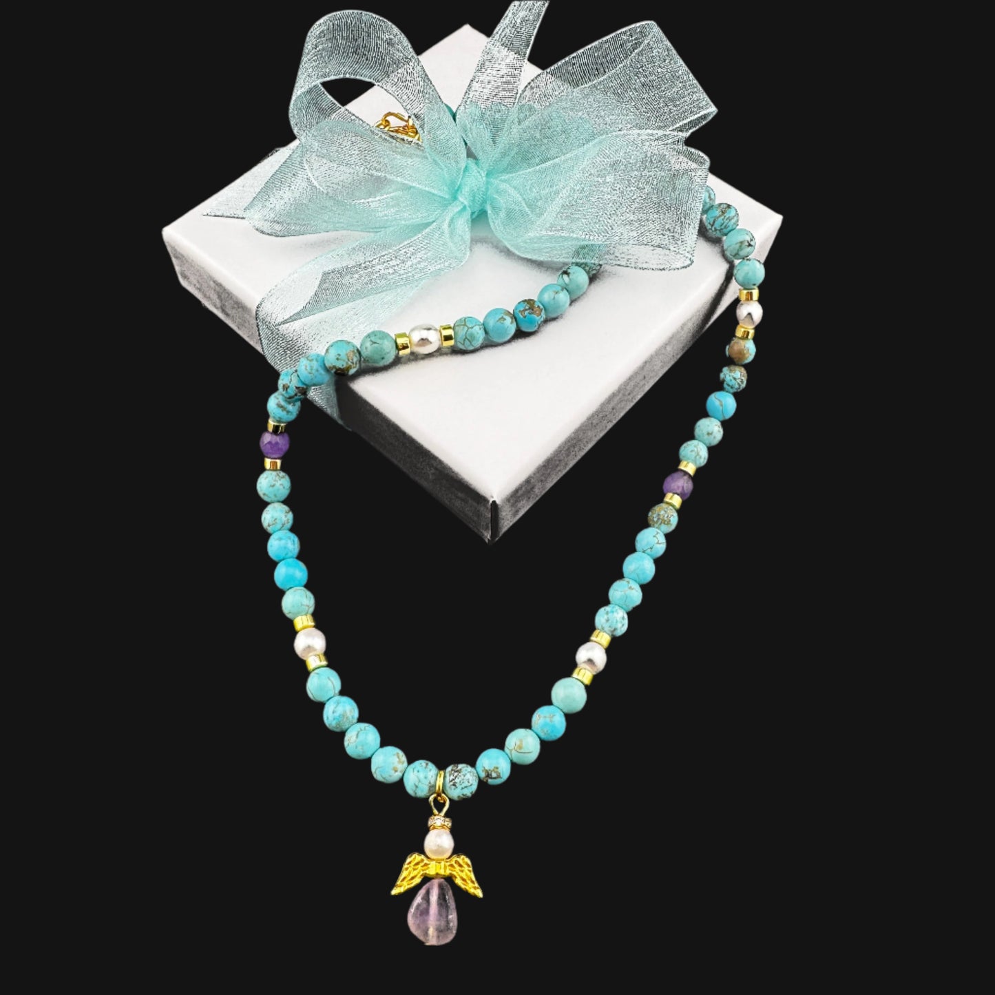 Turquoise, Amethyst, & Pearl Angel Necklace 16" and 18