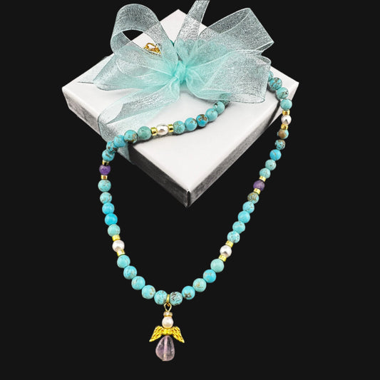 Turquoise Magnesite, Amethyst, & Pearl Angel Necklace 16" and 18