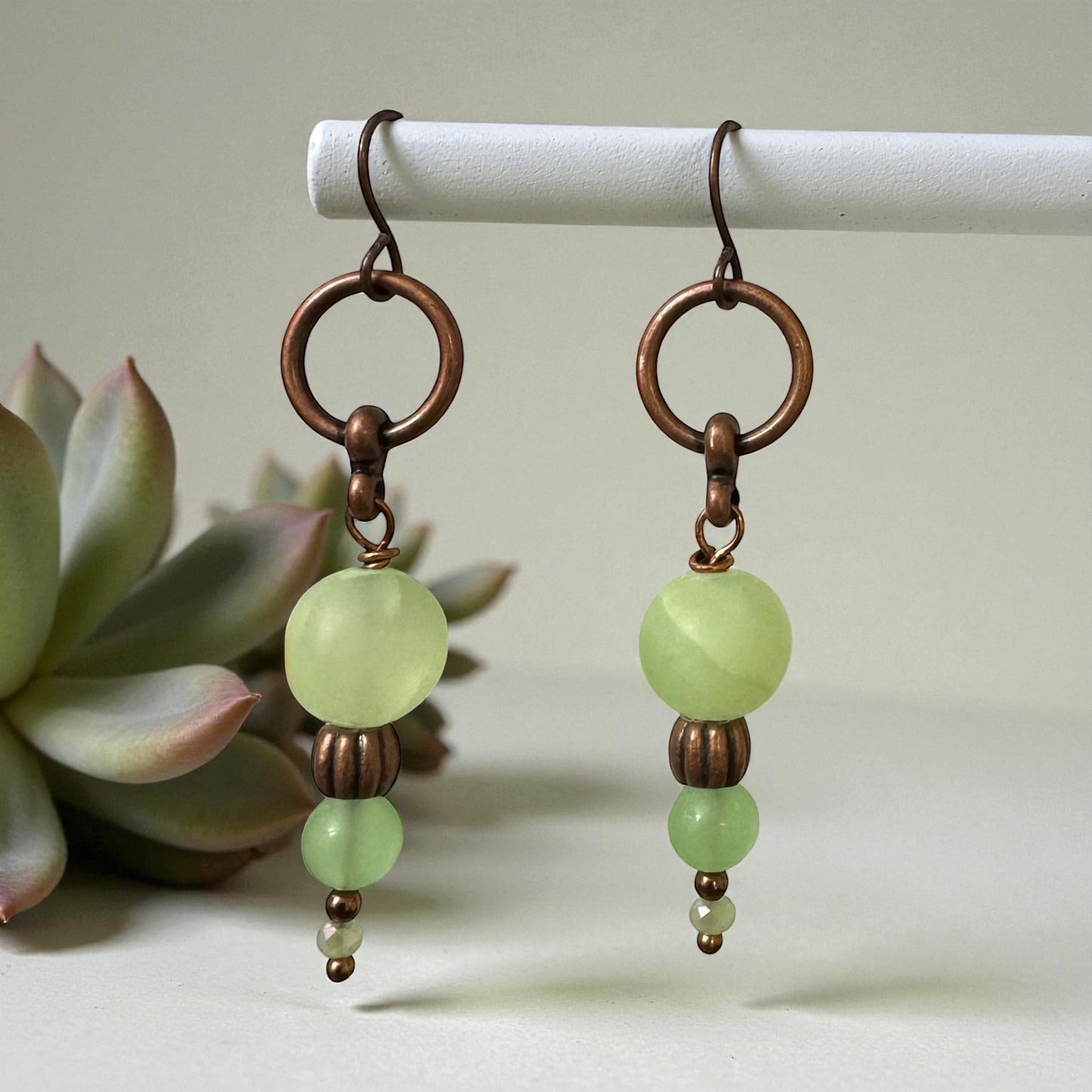 Earrings | Green translucent Gemstones | Copper Rings | Dangle | 2.25"