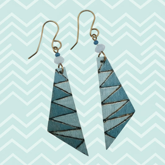 Earrings | Zentangled | Painted | Triangle-shaped | Wood-burned | Blue Czech Glass Bead | Blue Crystal Seed Bead | 2.5"