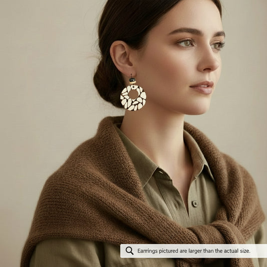 Earrings | Hoops |Zentangled Geometric Design | Wood-burned | Brown Rhondelle | Wood Flat Spacer | 2.5"