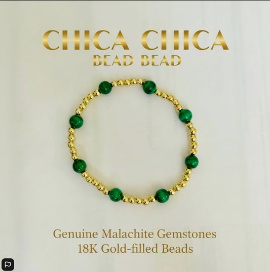 Gorgeous Green Malachite Bracelet with 18K Gold-filled Ball Spacers 7"