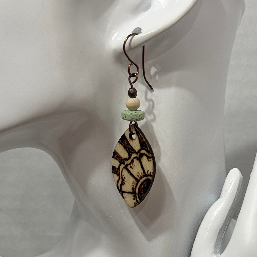 Earrings | Lens Shape | Wood | Sunflower | Wood-burned | Lava Stones | Small | 2.5