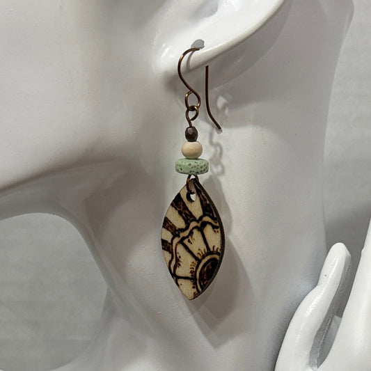 Earrings | Lens Shape | Wood | Sunflower | Wood-burned | Lava Stones | Small | 2.5