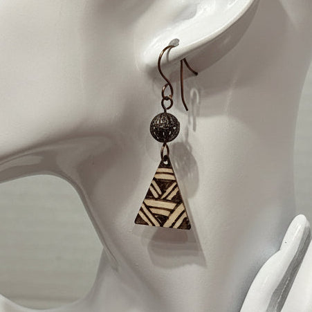 Earrings | Zentangles | Triangle Shape | Antique Brass Bead | Small Size | 2.25"