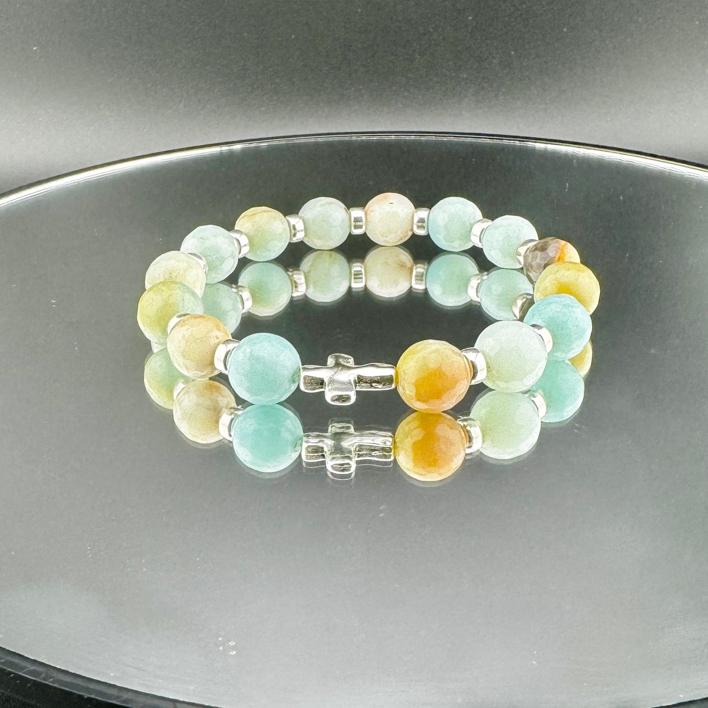 Amazonite Bracelet with Silver Cross 7"