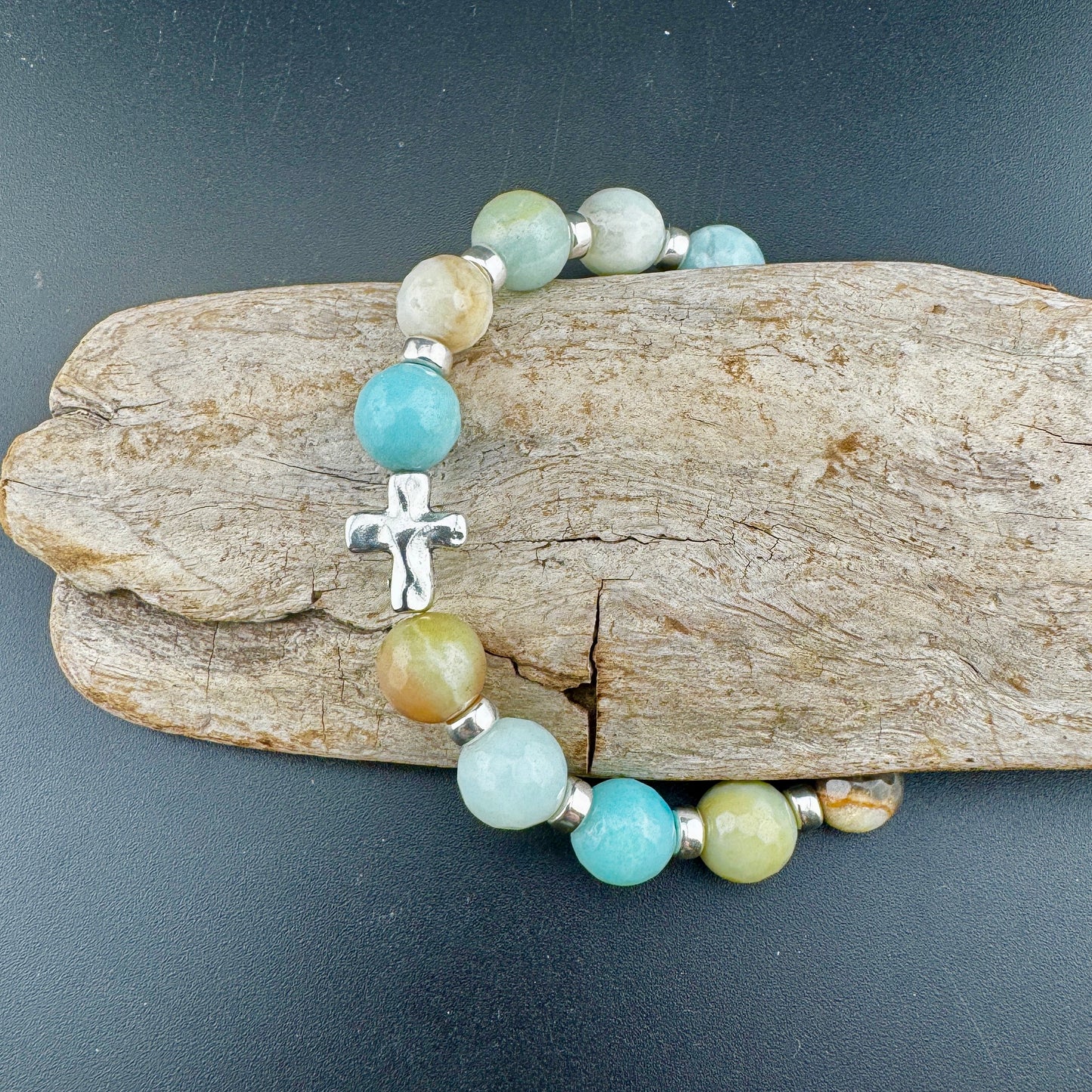 Amazonite Bracelet with Silver Cross 7"